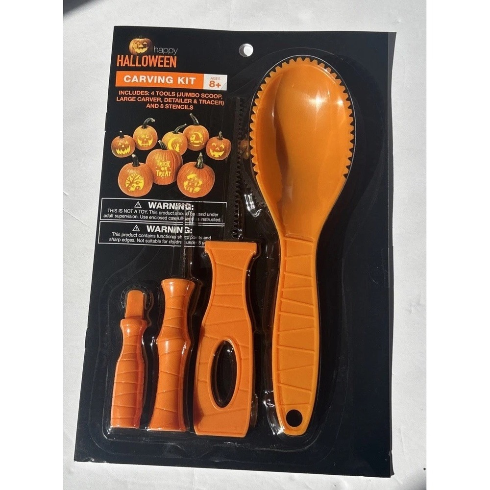 Happy Halloween Pumpkin Carving Kit 4 Tools 8 Stencils NEW 193589 Orange